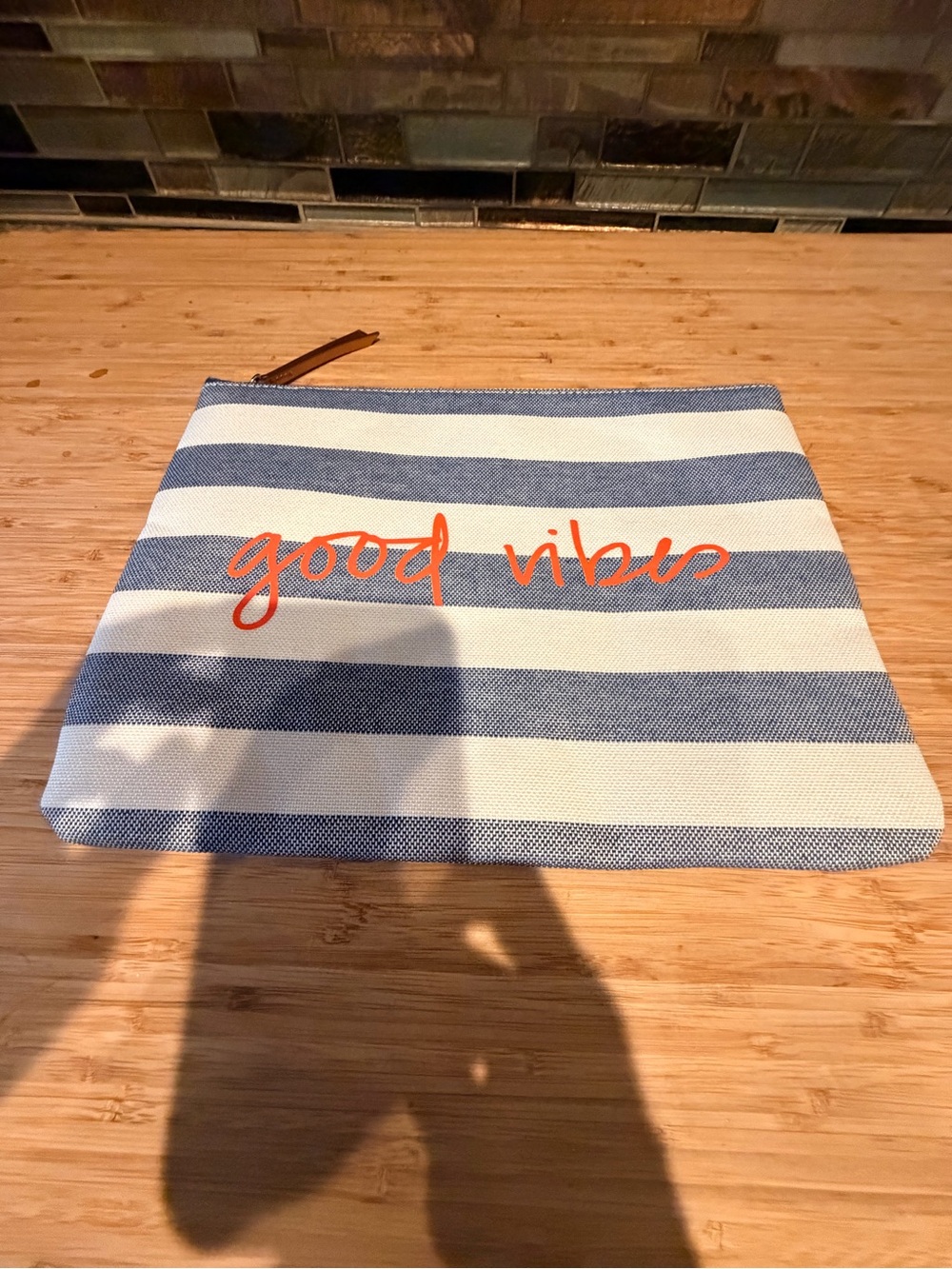 Striped 'Good Vibes' Canvas Pouch - Blue & White with Orange Script